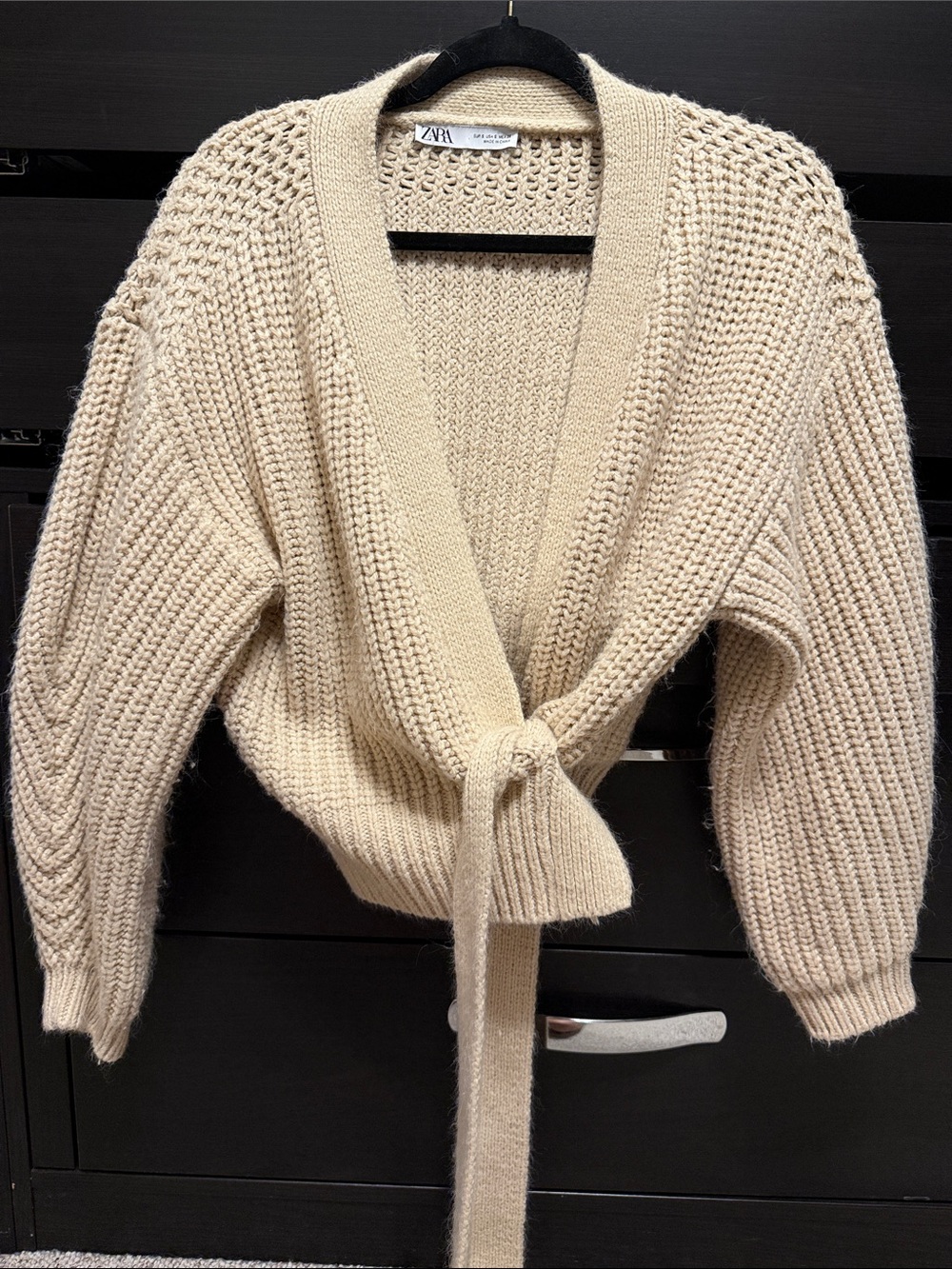 Zara Beige/Cream Knit Tie-Waist Cardigan